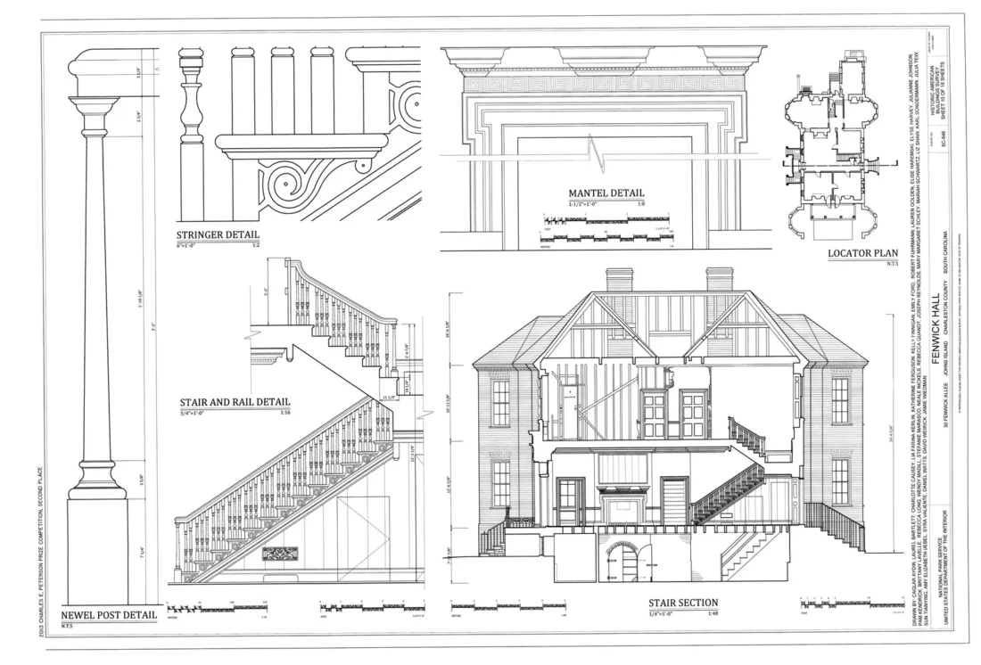 Fenwick Hall stair section, stair and rail detail, stringer detail and newel post, Johns Island, South Carolina, HABS SC-646