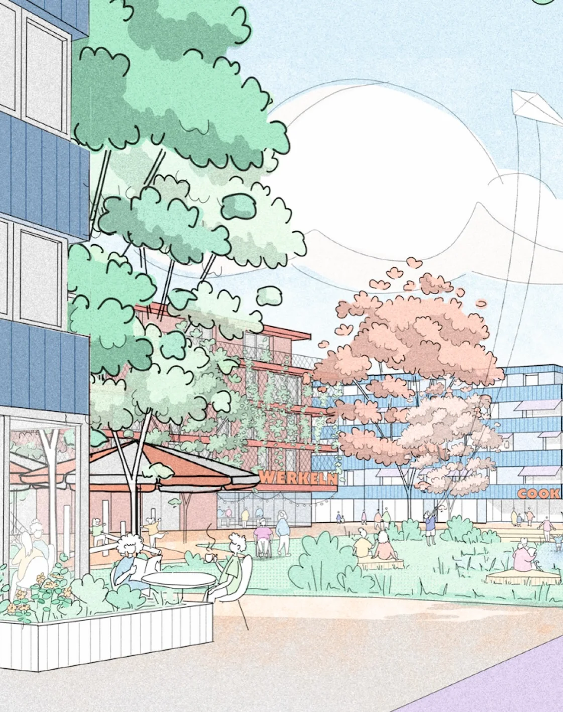 Illustrative collage style view of a planted courtyard with people, cafe furniture and trees