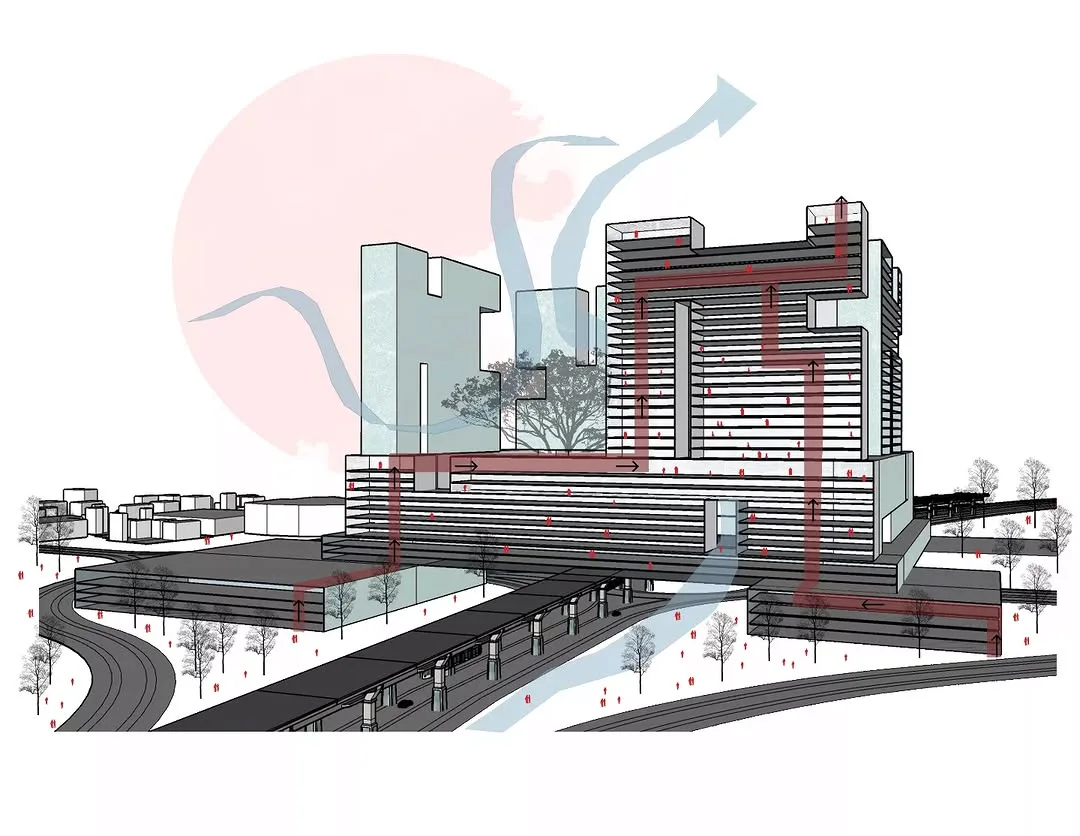 Transit oriented development drawing linking rail lines, roads and a mixed use tower through red circulation routes