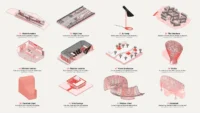 Grid of red and grey 3D design studies including kitchens, chairs, pavilions and structures generated in Cartesian