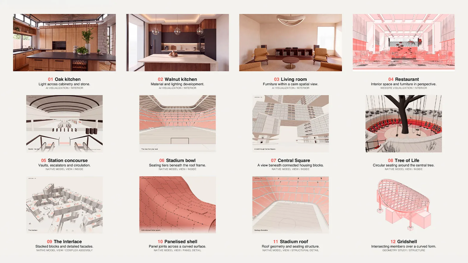Grid of rendered interior scenes and 3D objects in pink and grey tones with labels