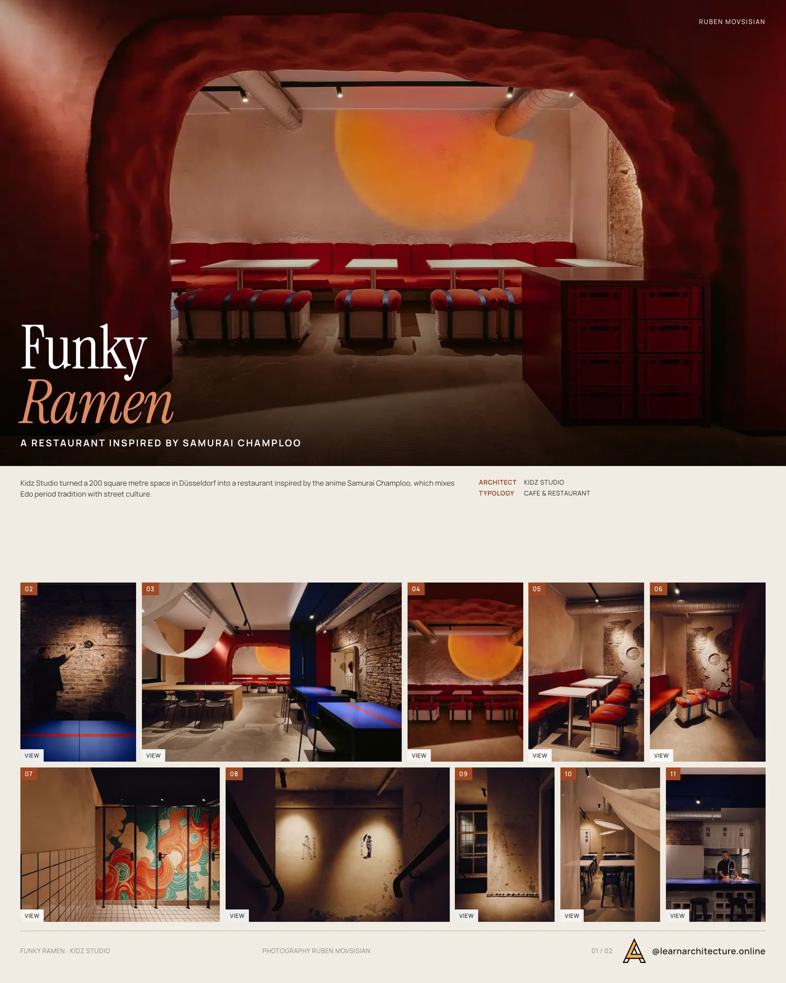 Presentation board cover for Funky Ramen Restaurant by Kidz Studio, with the lead image, project summary and a grid of photographs and drawings