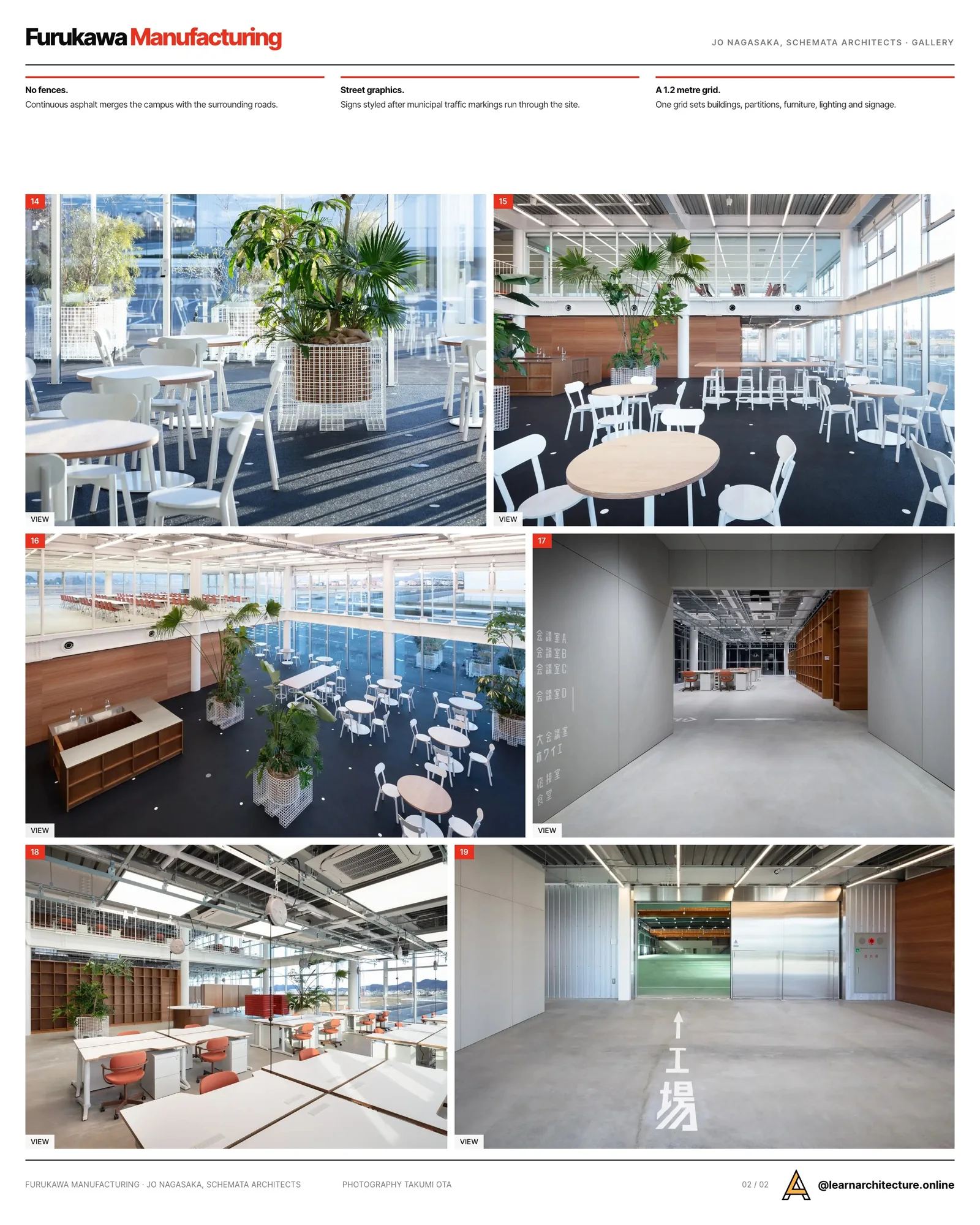 Second presentation board sheet for Furukawa Manufacturing Office and Factory by Jo Nagasaka & Schemata Architects, laying out the project drawings and images on one page