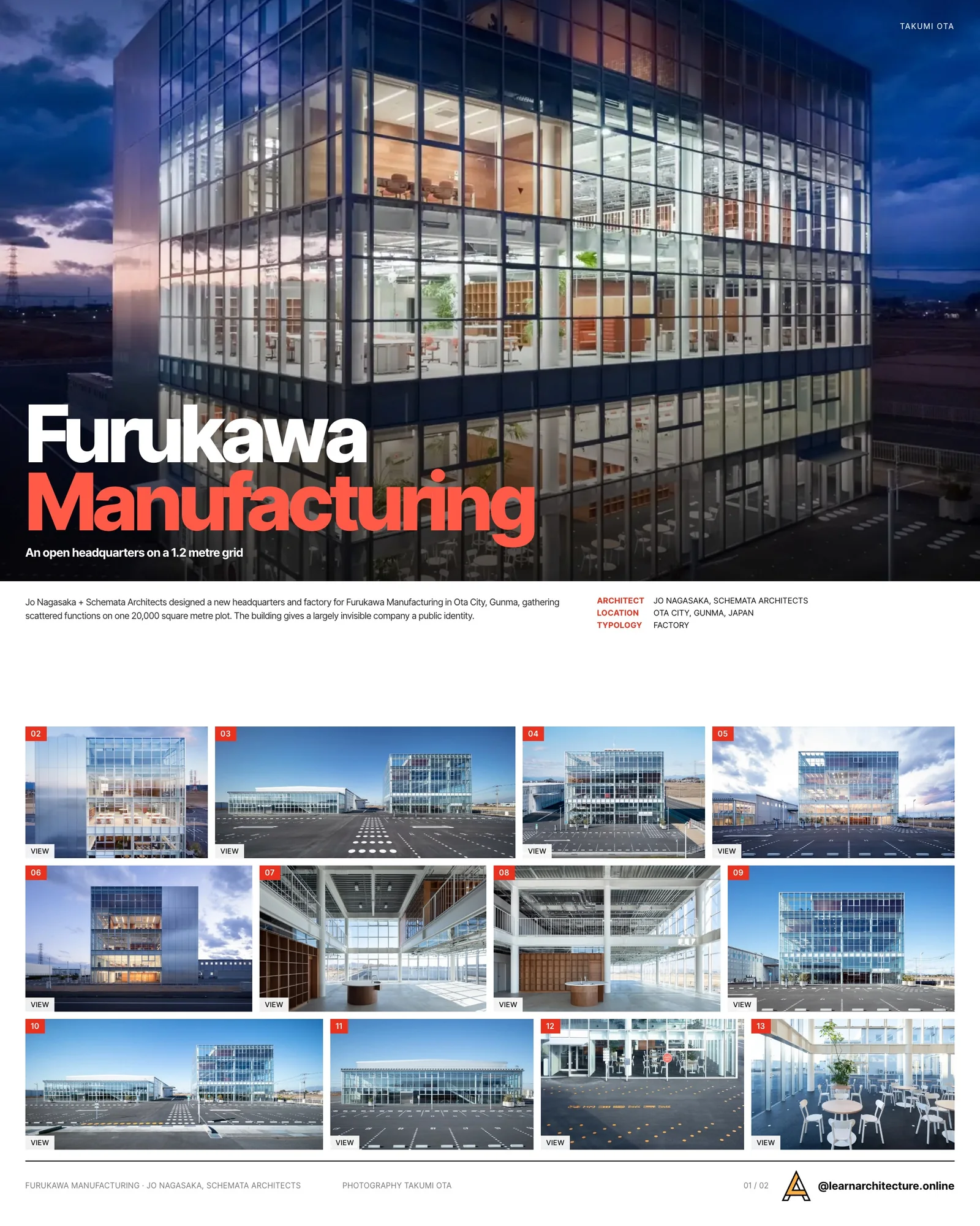 Presentation board cover for Furukawa Manufacturing Office and Factory by Jo Nagasaka & Schemata Architects, with the lead image, project summary and a grid of photographs and drawings