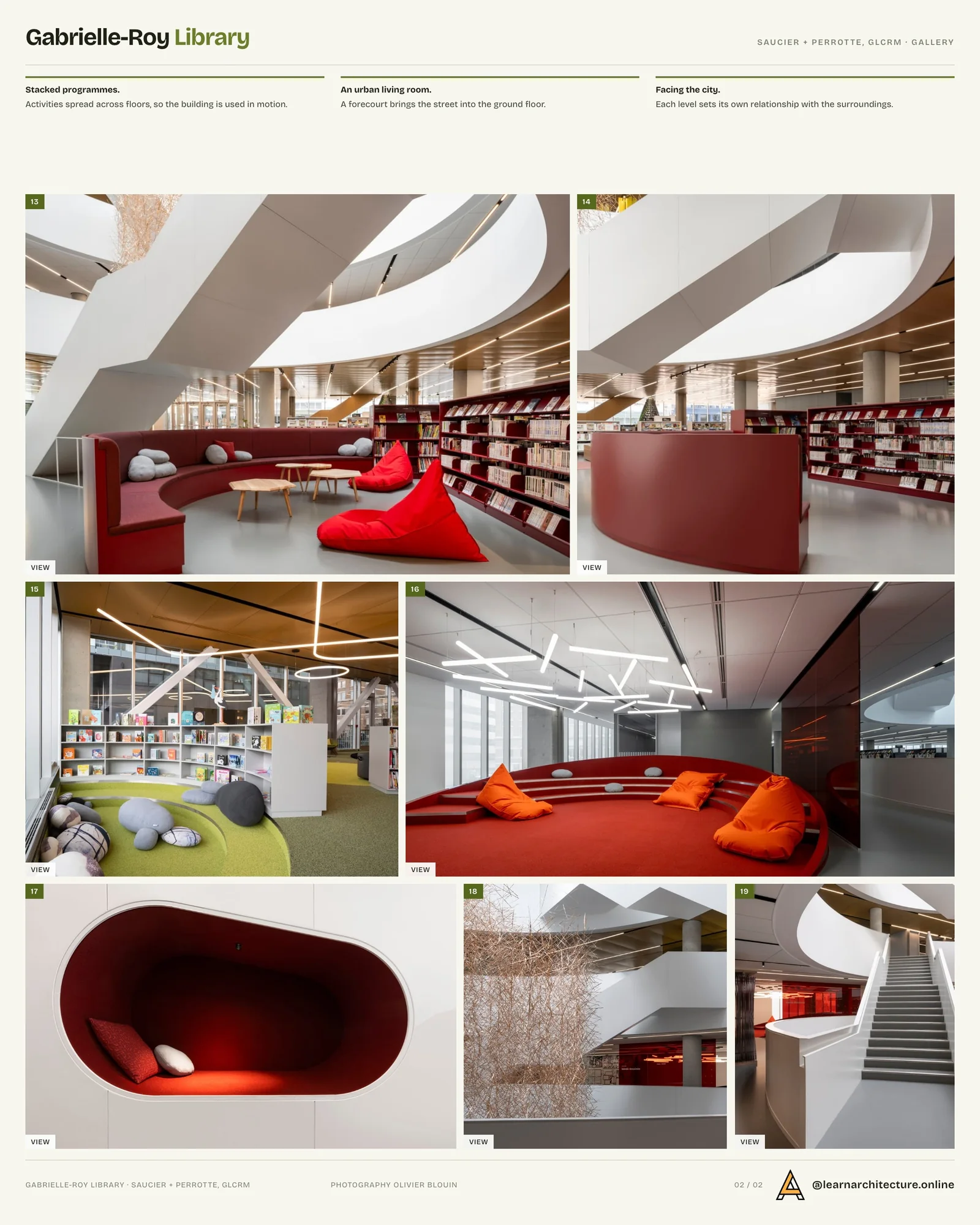 Second presentation board sheet for Gabrielle-Roy Library by Saucier & Perrotte architects + GLCRM architectes, laying out the project drawings and images on one page