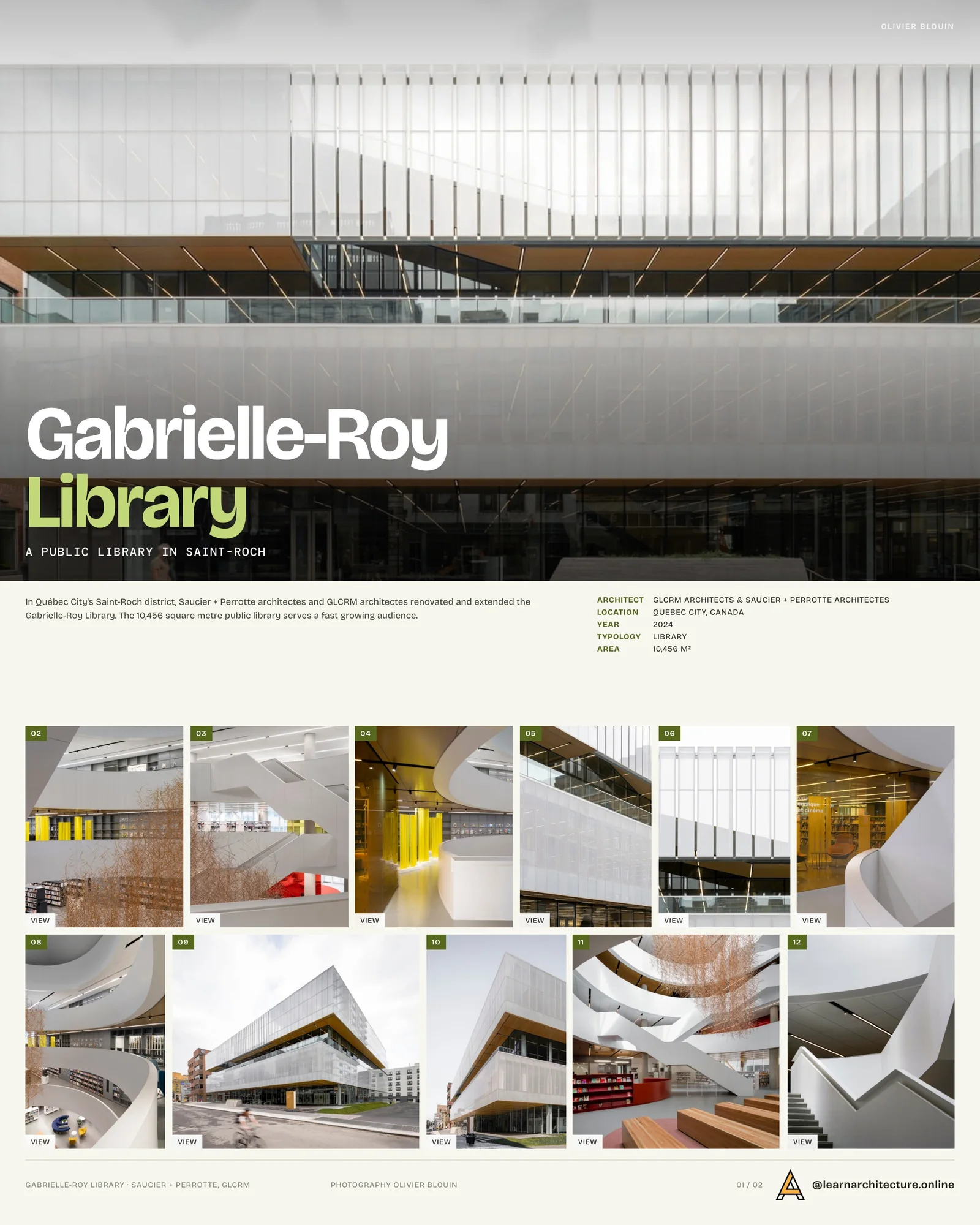 Presentation board cover for Gabrielle-Roy Library by Saucier & Perrotte architects + GLCRM architectes, with the lead image, project summary and a grid of photographs and drawings