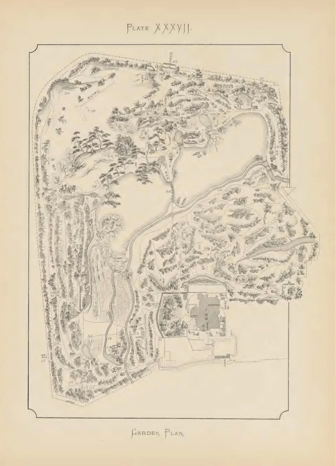 Historic plan of a Japanese stroll garden with a central pond, islands, stepping paths and layered tree planting