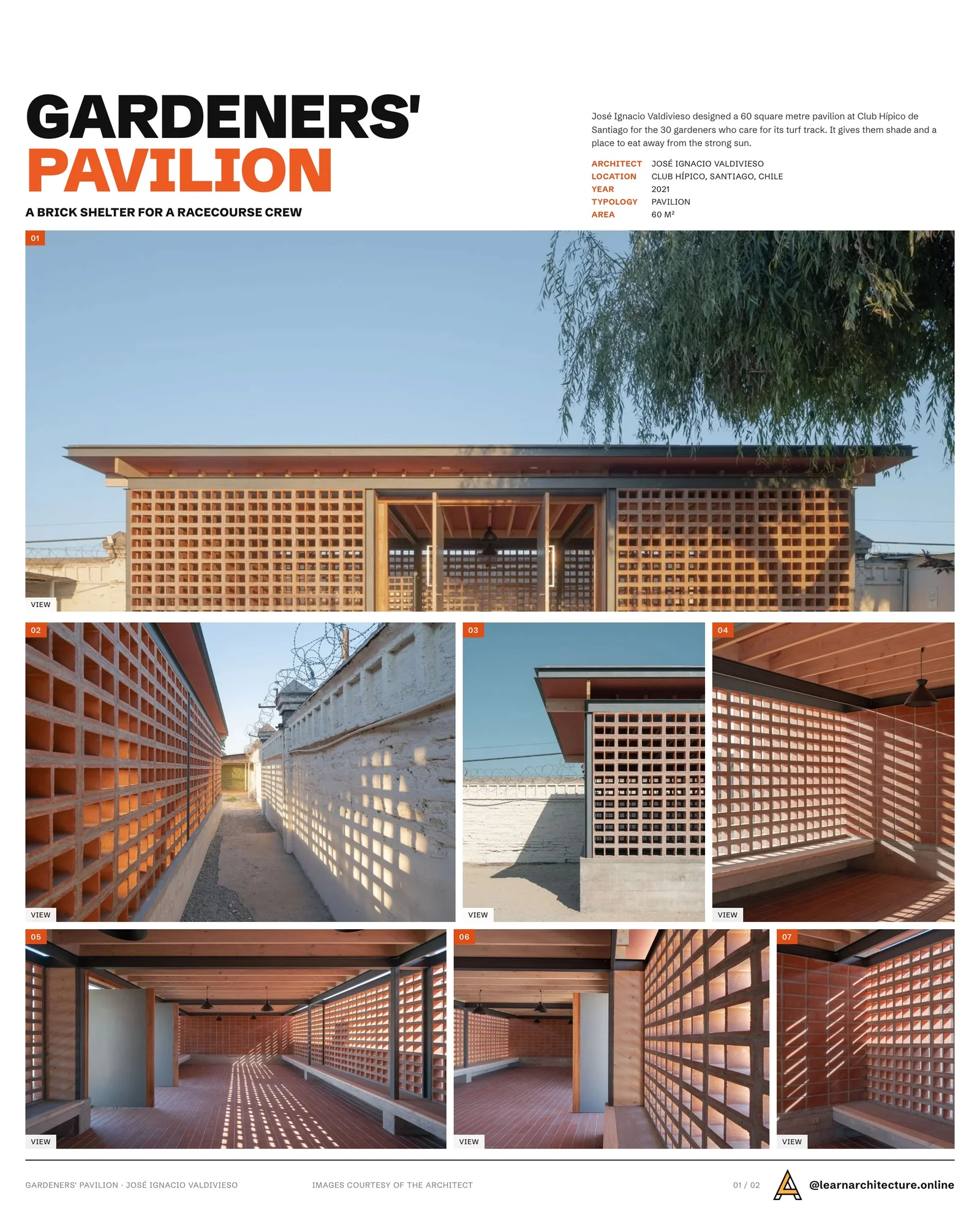 Presentation board cover for Gardeners' Pavilion Club Hípico de Santiago by José Ignacio Valdivieso, with the lead image, project summary and a grid of photographs and drawings