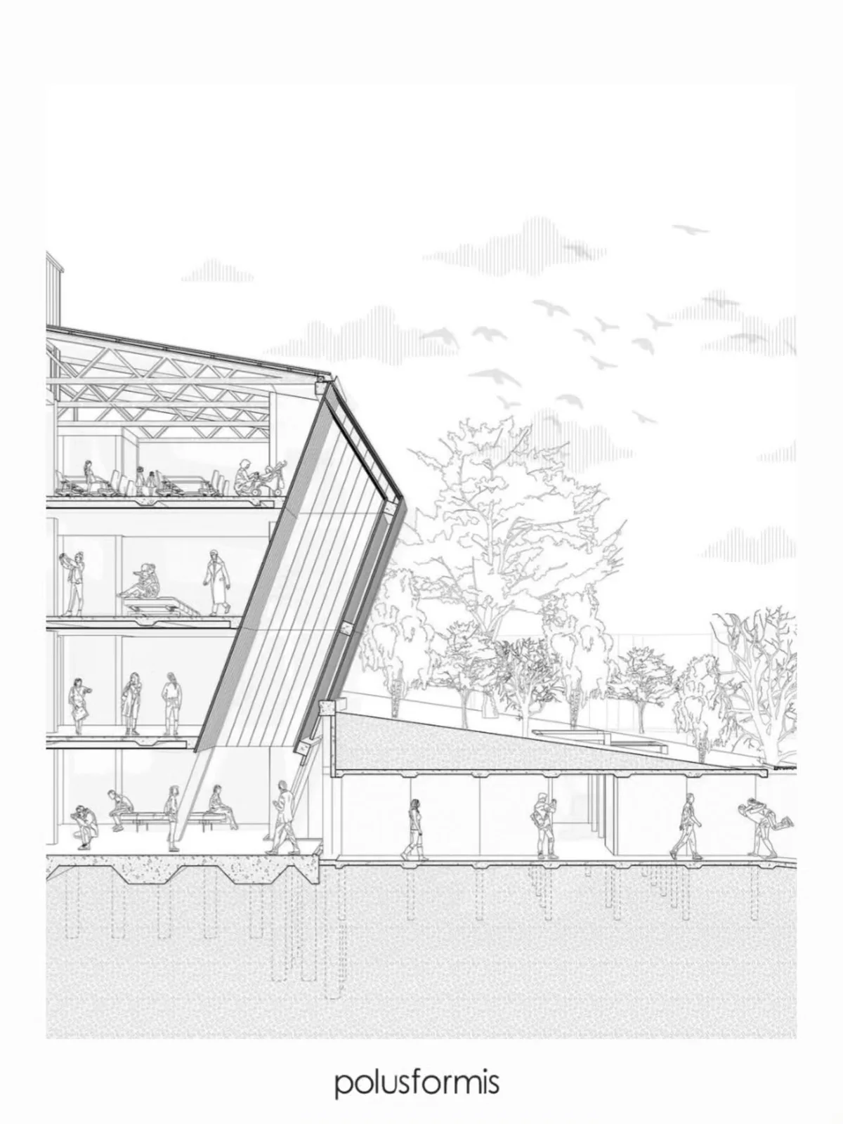 Line section perspective of a building with people, furniture and trees as entourage that clarifies scale and use