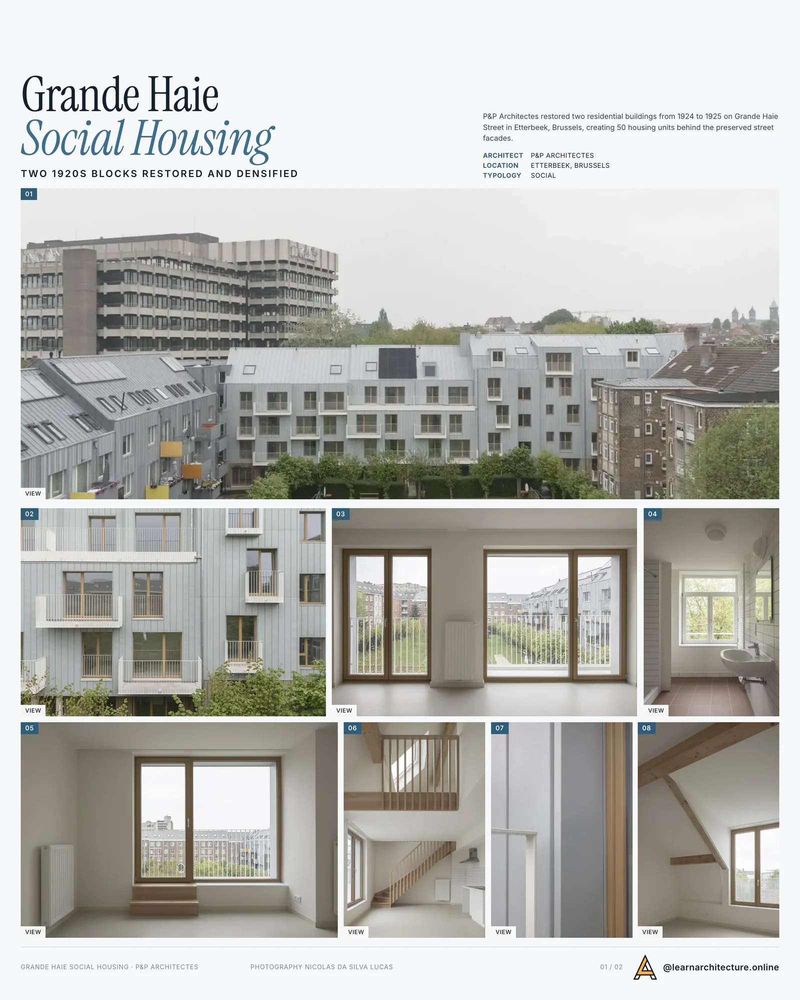 Presentation board cover for Grande Haie Social Housing by P&P Architectes, with the lead image, project summary and a grid of photographs and drawings