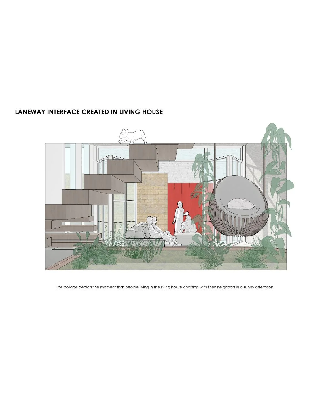 Illustrative sketch vignette of a red toned laneway courtyard interface inside a housing cluster