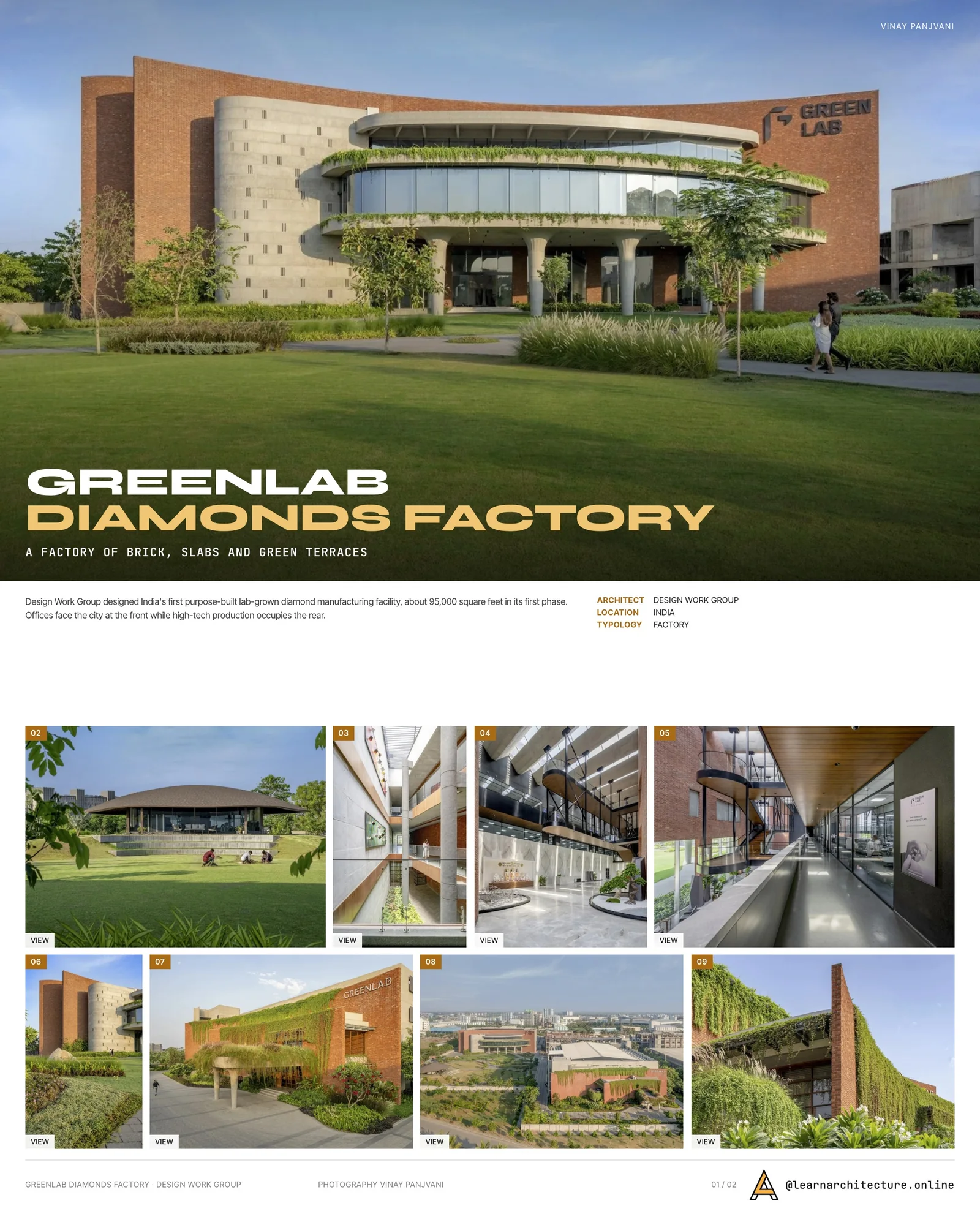 Presentation board cover for Greenlab Diamonds Factory by Design Work Group, with the lead image, project summary and a grid of photographs and drawings