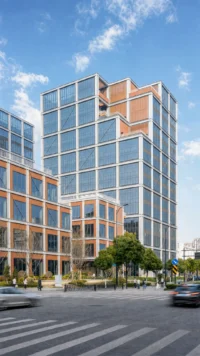 Tower with stepped upper floors and lower blocks behind a zebra crossing, Greentown ThinkWorks