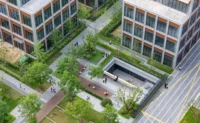 Aerial view of the green courtyard with paths, planting and a sunken opening between blocks, Greentown ThinkWorks