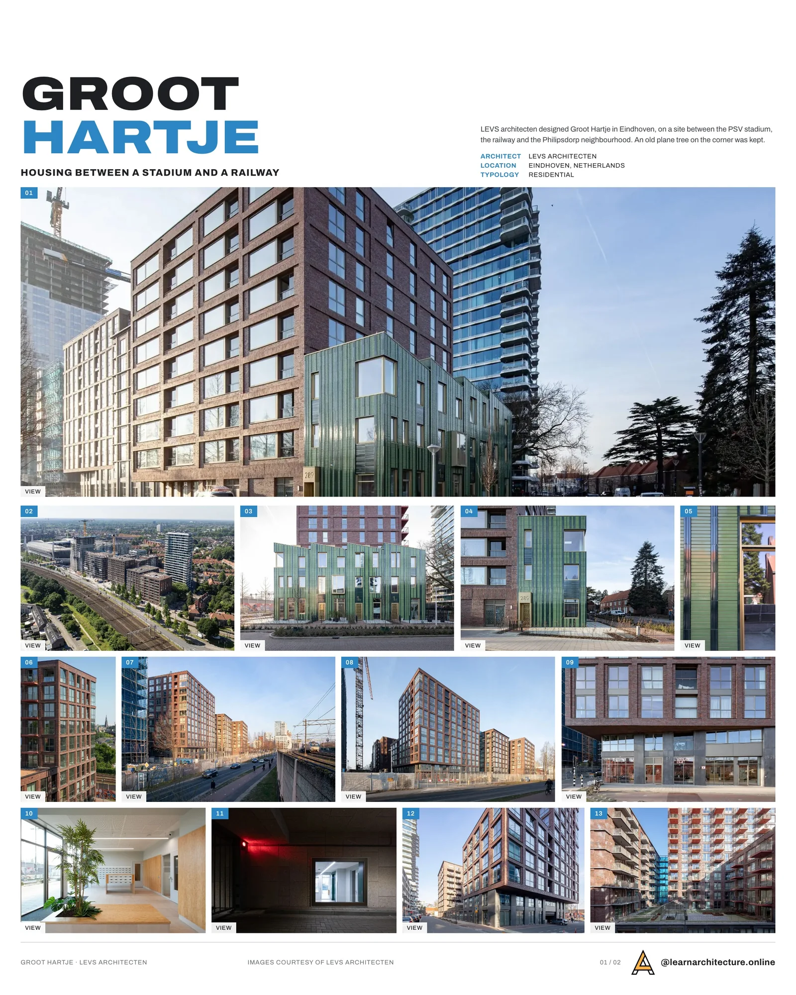 Presentation board cover for Groot Hartje by LEVS architecten, with the lead image, project summary and a grid of photographs and drawings