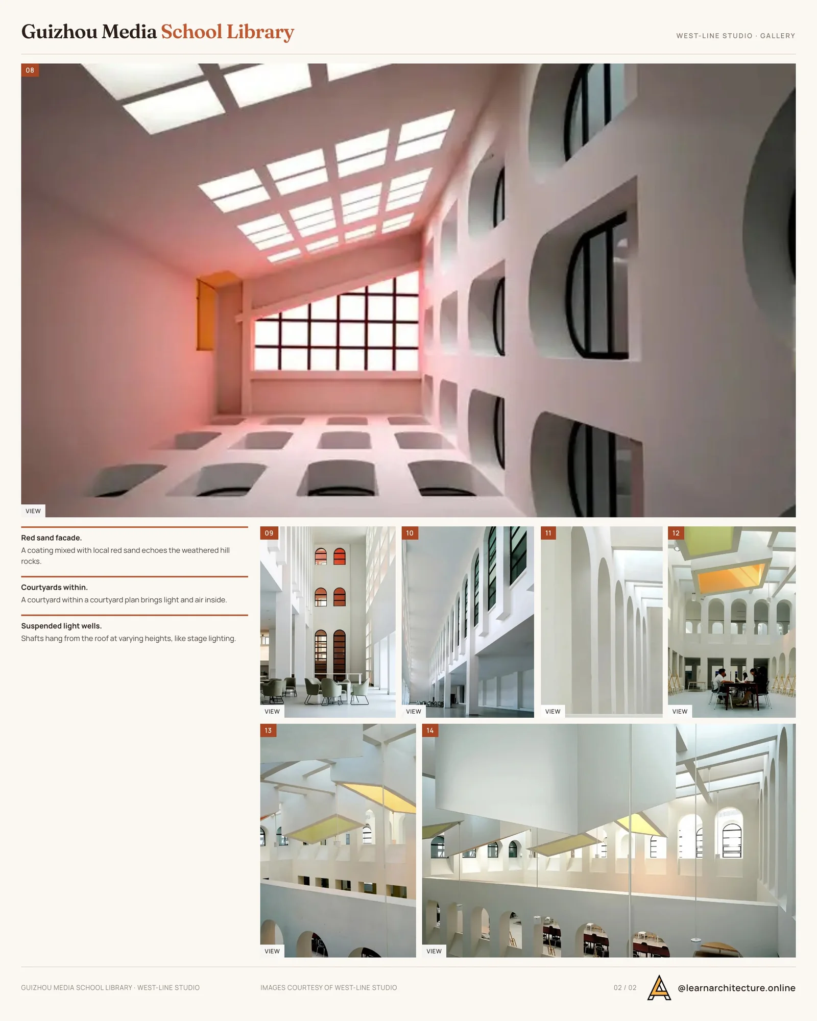 Second presentation board sheet for Guizhou Media Vocational and Technical School Library & Information Center by West-line studio, laying out the project drawings and images on one page