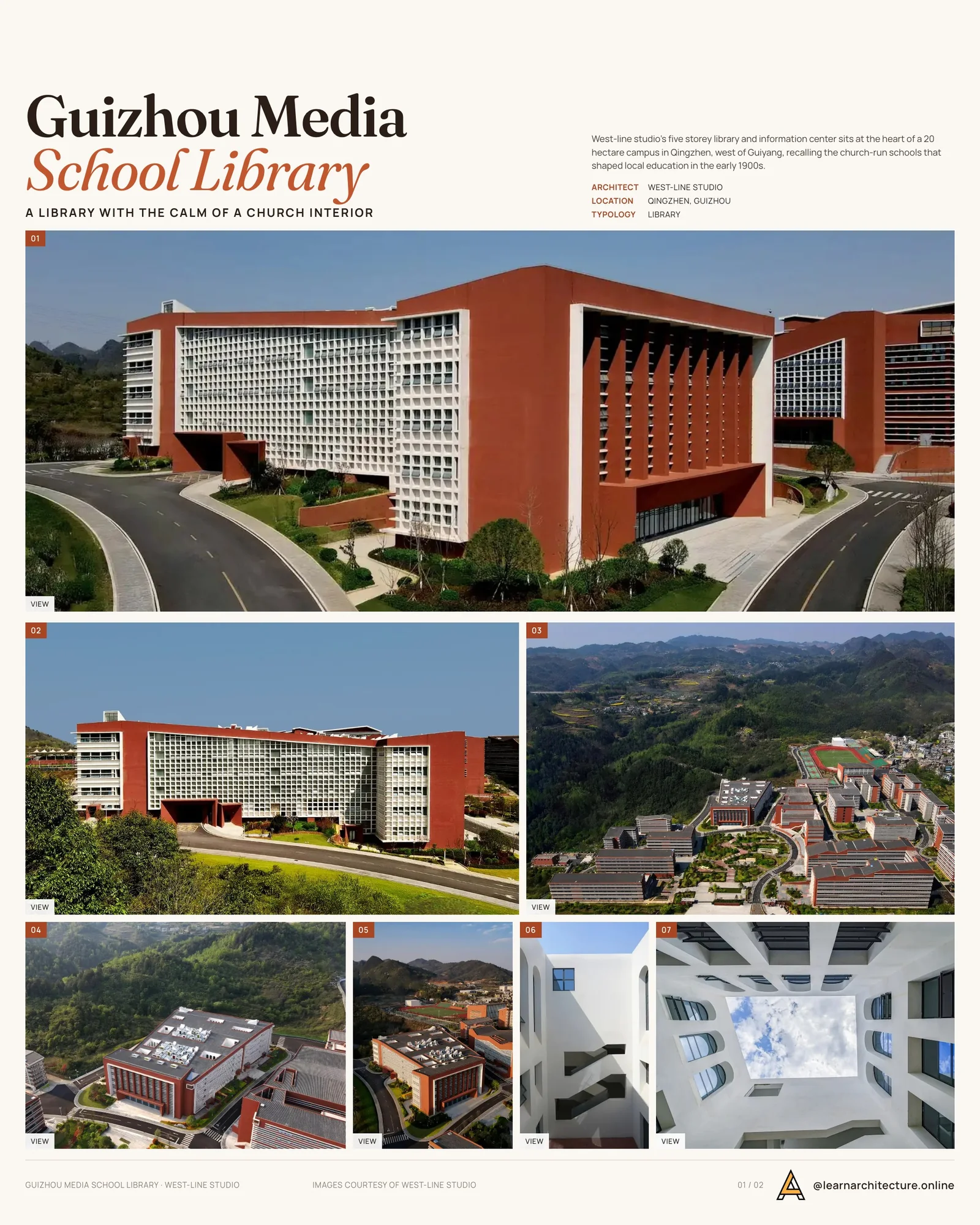 Presentation board cover for Guizhou Media Vocational and Technical School Library & Information Center by West-line studio, with the lead image, project summary and a grid of photographs and drawings