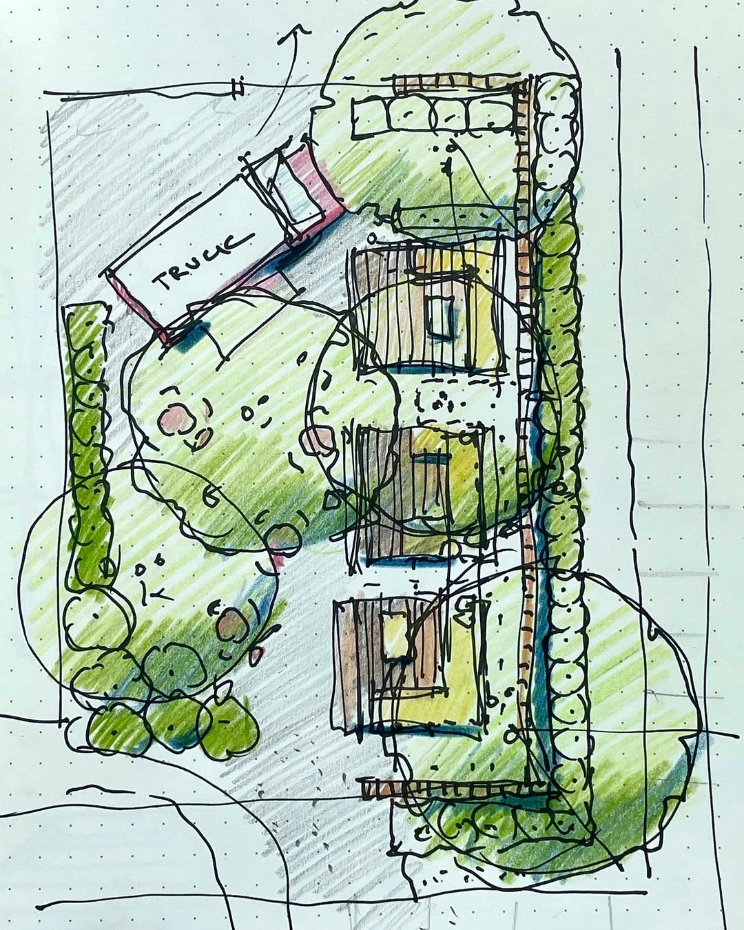 Loose hand drawn and colored residential landscape sketch testing planting masses, paths and a truck access route