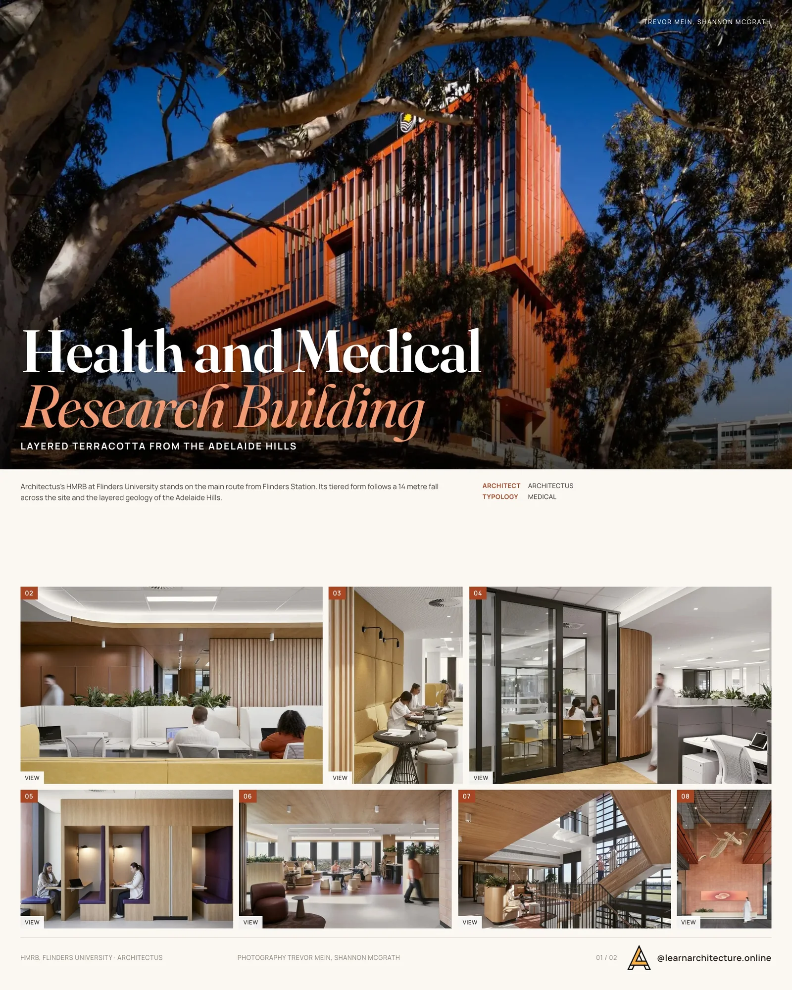 Presentation board cover for Health and Medical Research Building by Architectus, with the lead image, project summary and a grid of photographs and drawings