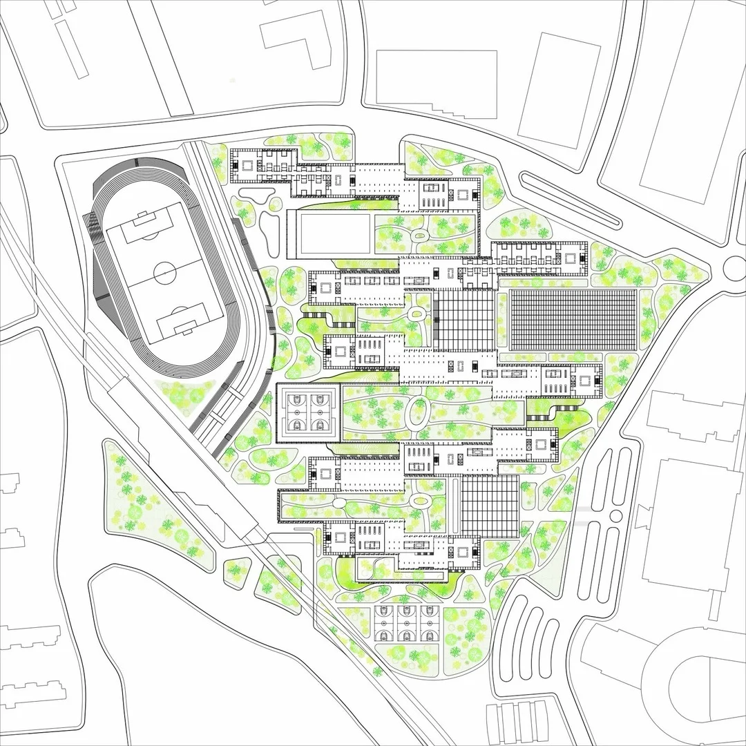 Line site plan drawing of a dense healthcare campus beside a sports field, drawn with clear line weights