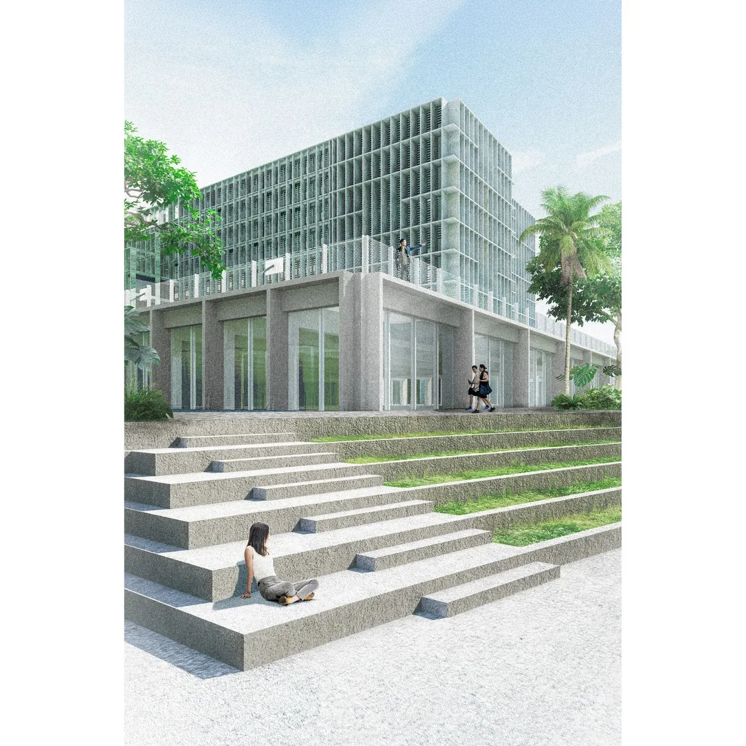 Photorealistic exterior render of a grid facade building with steps and palm trees in the plaza, for a healthcare project