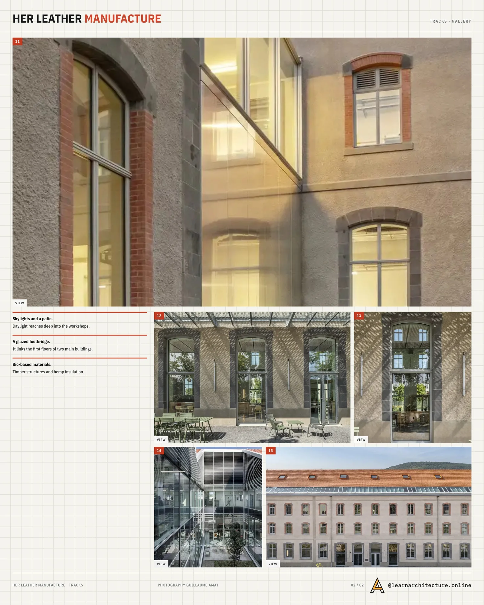 Second presentation board sheet for HER Rehabilitation of Tobacco Factory into Leather Manufacture by TRACKS, laying out the project drawings and images on one page