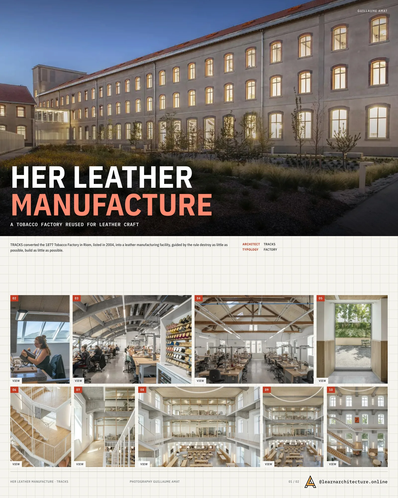Presentation board cover for HER Rehabilitation of Tobacco Factory into Leather Manufacture by TRACKS, with the lead image, project summary and a grid of photographs and drawings