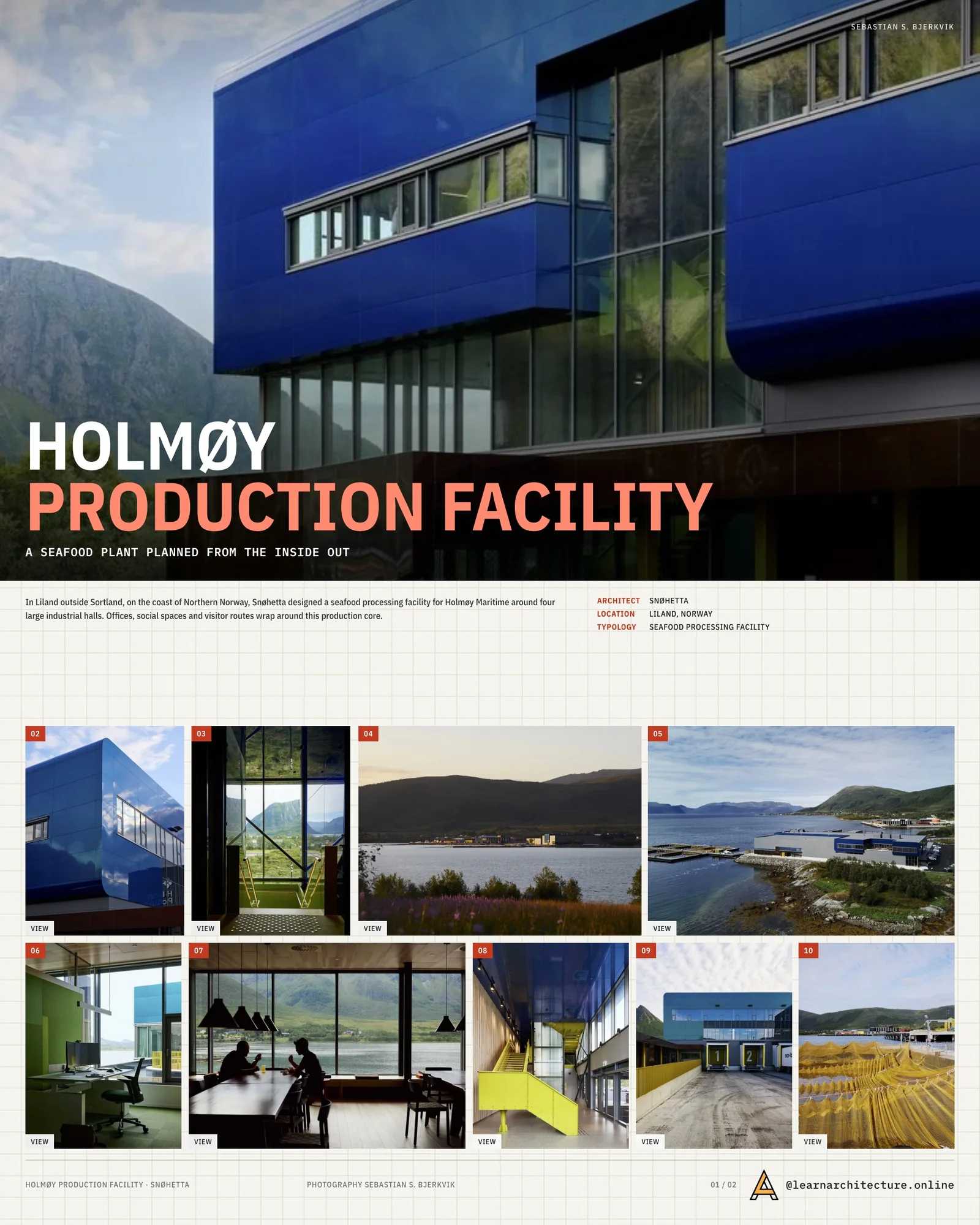 Presentation board cover for Holmøy Production Facility by Snøhetta, with the lead image, project summary and a grid of photographs and drawings