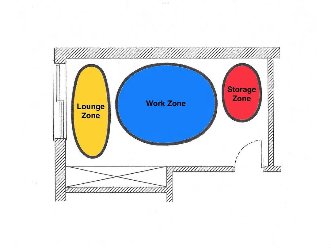 Simple home office bubble diagram placing lounge, work and storage zones inside an existing room outline