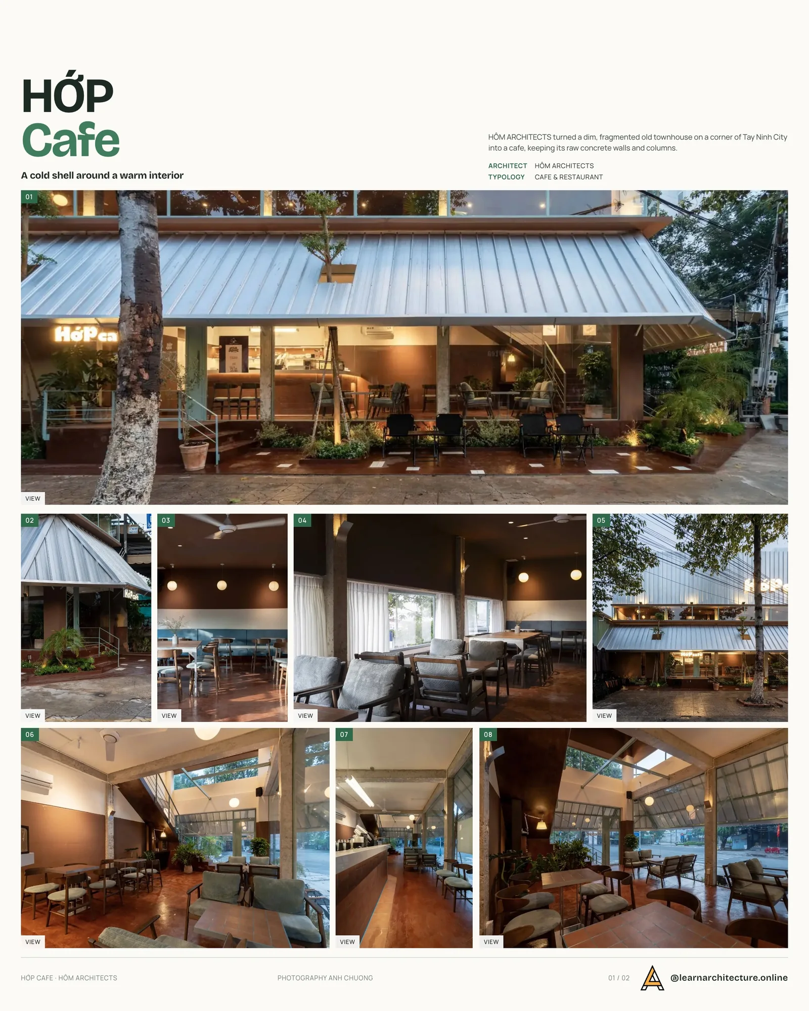 Presentation board cover for HỚP Cafe by HÔM ARCHITECTS, with the lead image, project summary and a grid of photographs and drawings