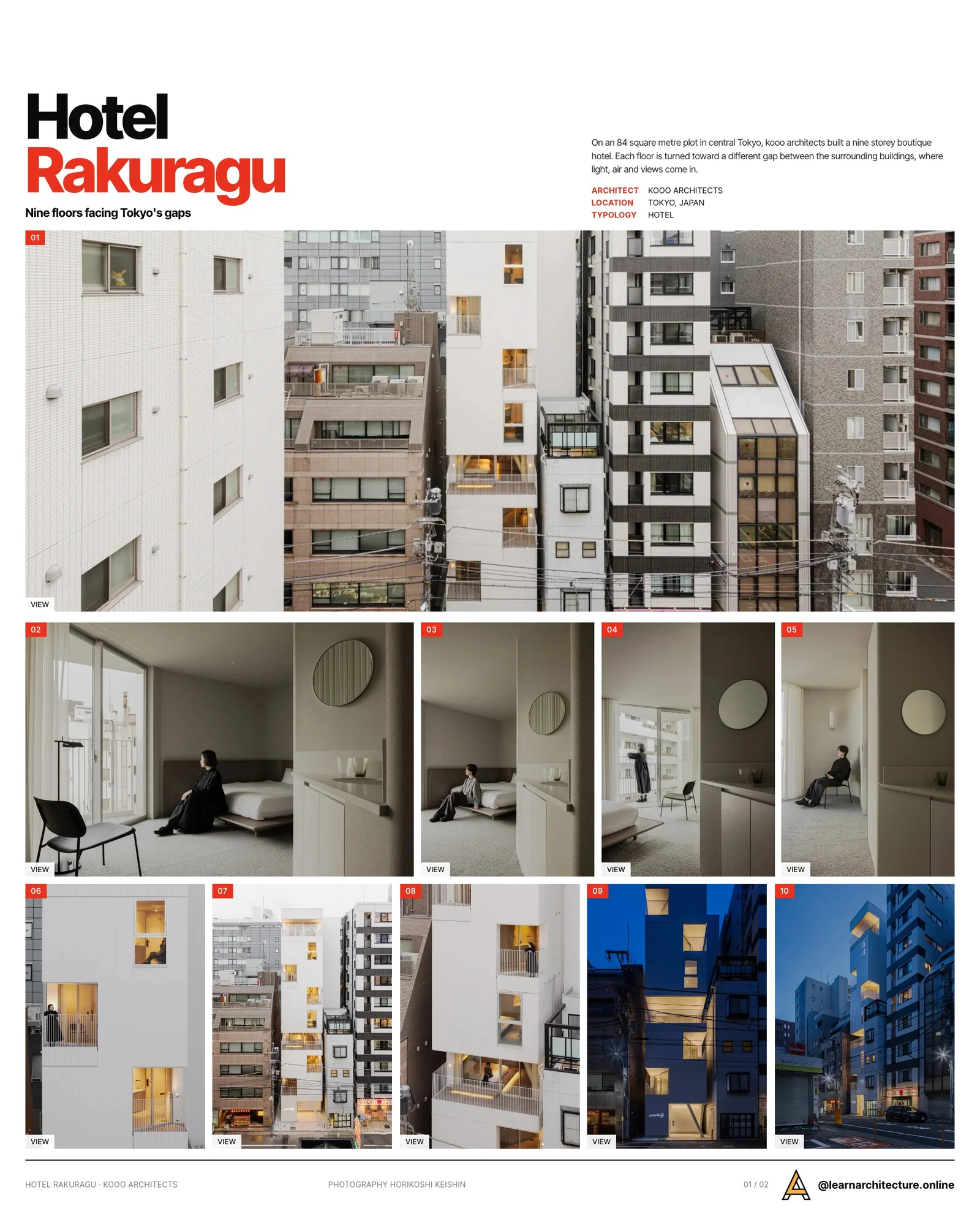 Presentation board cover for Hotel Rakuragu by kooo architects, with the lead image, project summary and a grid of photographs and drawings