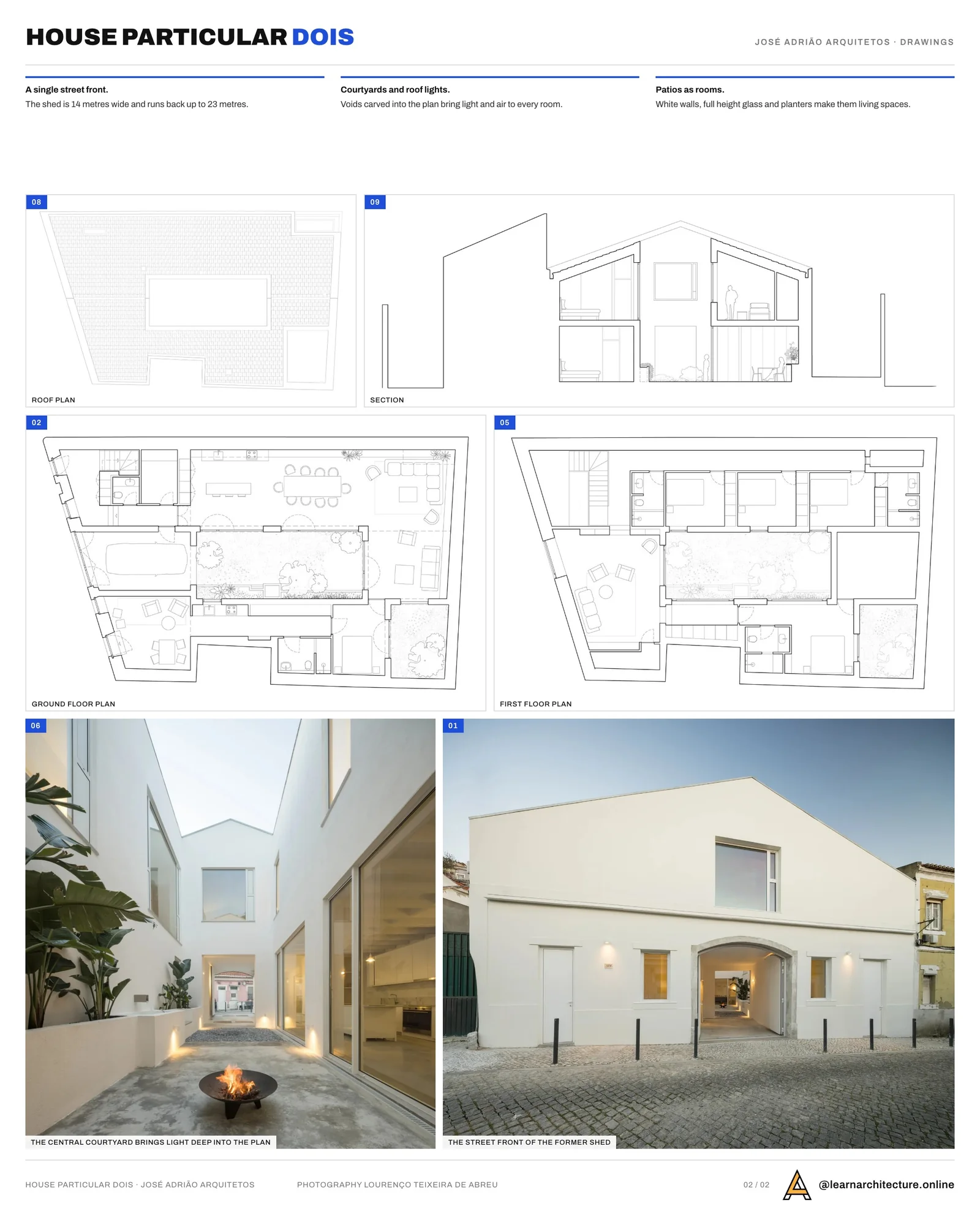 Second presentation board sheet for House Particular Dois by José Adrião Arquitetos, laying out the project drawings and images on one page