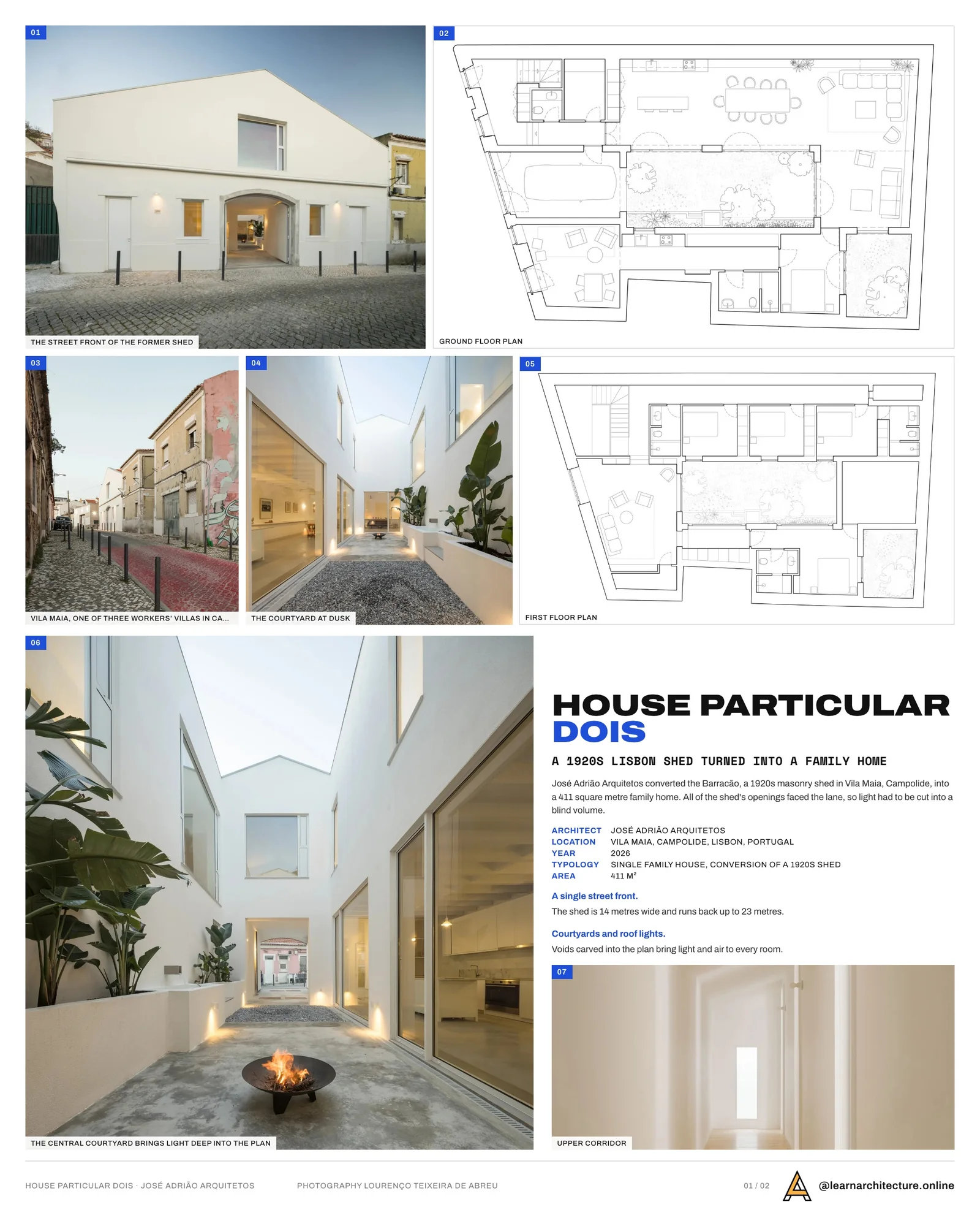 Presentation board cover for House Particular Dois by José Adrião Arquitetos, with the lead image, project summary and a grid of photographs and drawings