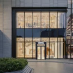 Two storey glazed shopfront lit from inside at dusk, with a curved planter in front, Housing CARNIVAL by Studio Profile