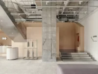 Ground floor with a concrete column, stepped landing, clothing rails and a timber lined wall under exposed services, Housing CARNIVAL by Studio Profile