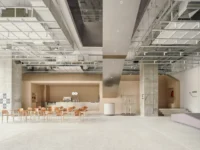 Ground floor cafe with rows of wooden chairs facing a timber counter between concrete columns, Housing CARNIVAL by Studio Profile