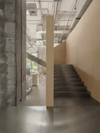 Staircase climbing beside a tall timber wall and a raw concrete column toward the upper level, Housing CARNIVAL by Studio Profile