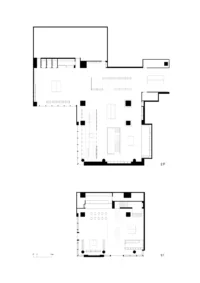 Ground and upper floor plans of the store with the stair opening between levels, Housing CARNIVAL by Studio Profile
