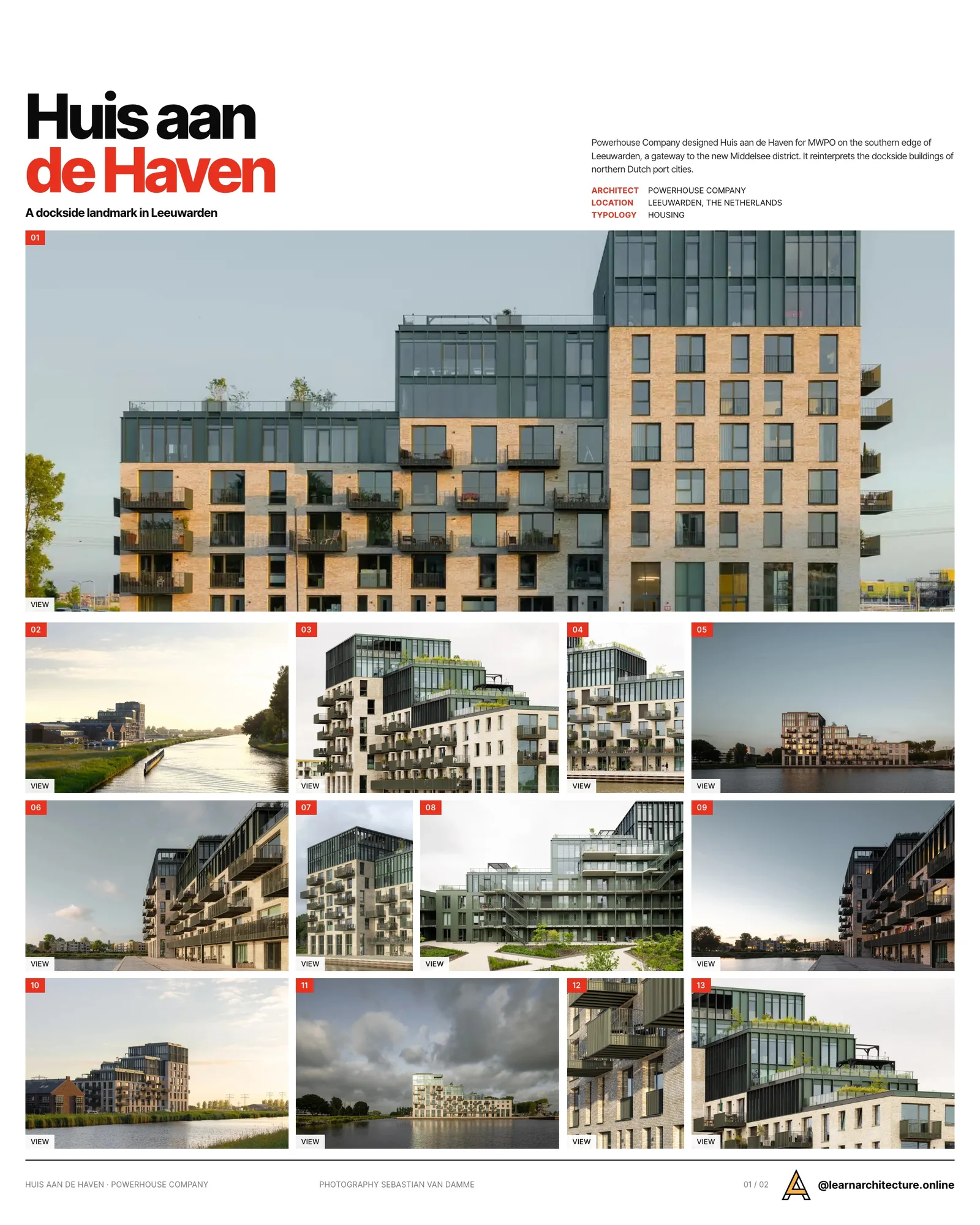 Presentation board cover for Huis aan de Haven by Powerhouse Company, with the lead image, project summary and a grid of photographs and drawings