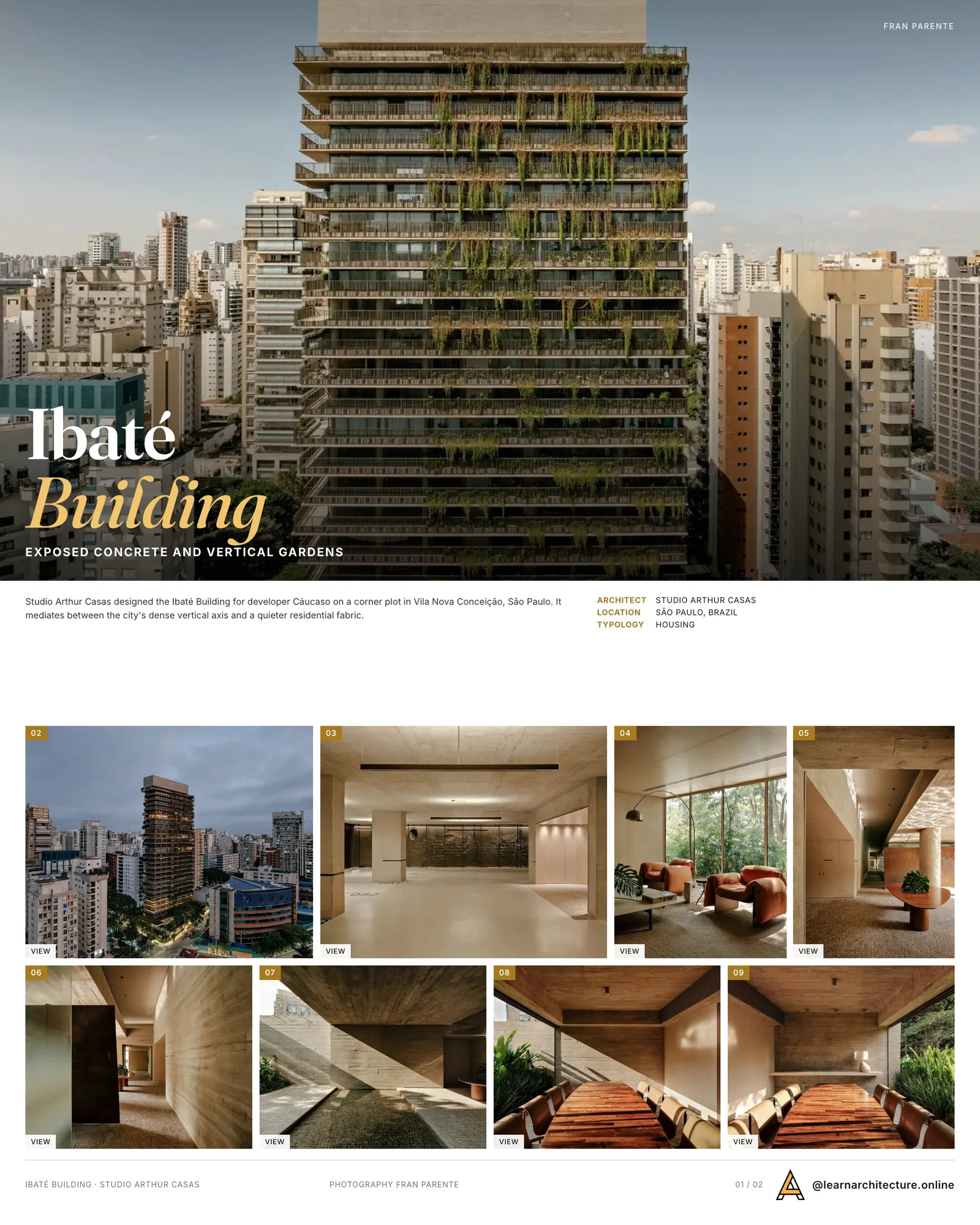 Presentation board cover for Ibaté Building by Studio Arthur Casas, with the lead image, project summary and a grid of photographs and drawings