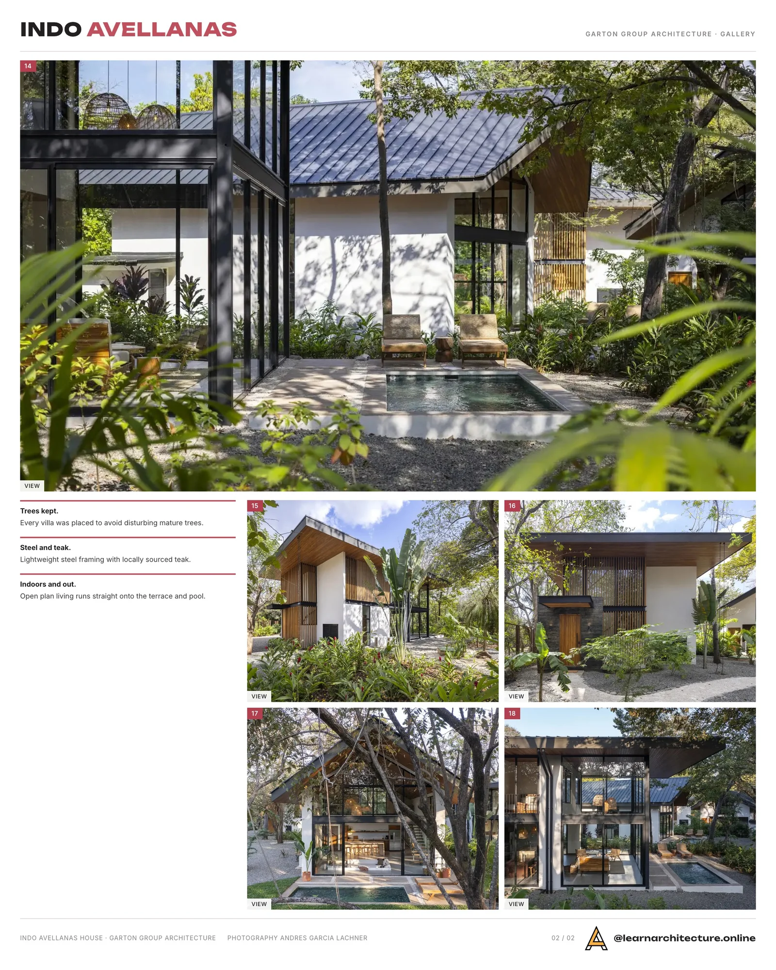 Second presentation board sheet for Indo Avellanas House by Garton Group Architecture, laying out the project drawings and images on one page