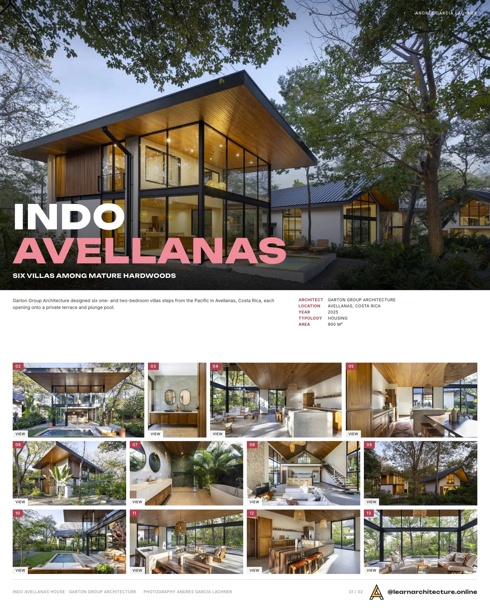 Presentation board cover for Indo Avellanas House by Garton Group Architecture, with the lead image, project summary and a grid of photographs and drawings