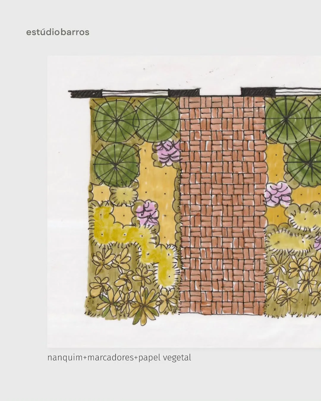 Ink and marker garden plan with a straight brick path flanked by structured planting borders and round tree canopies
