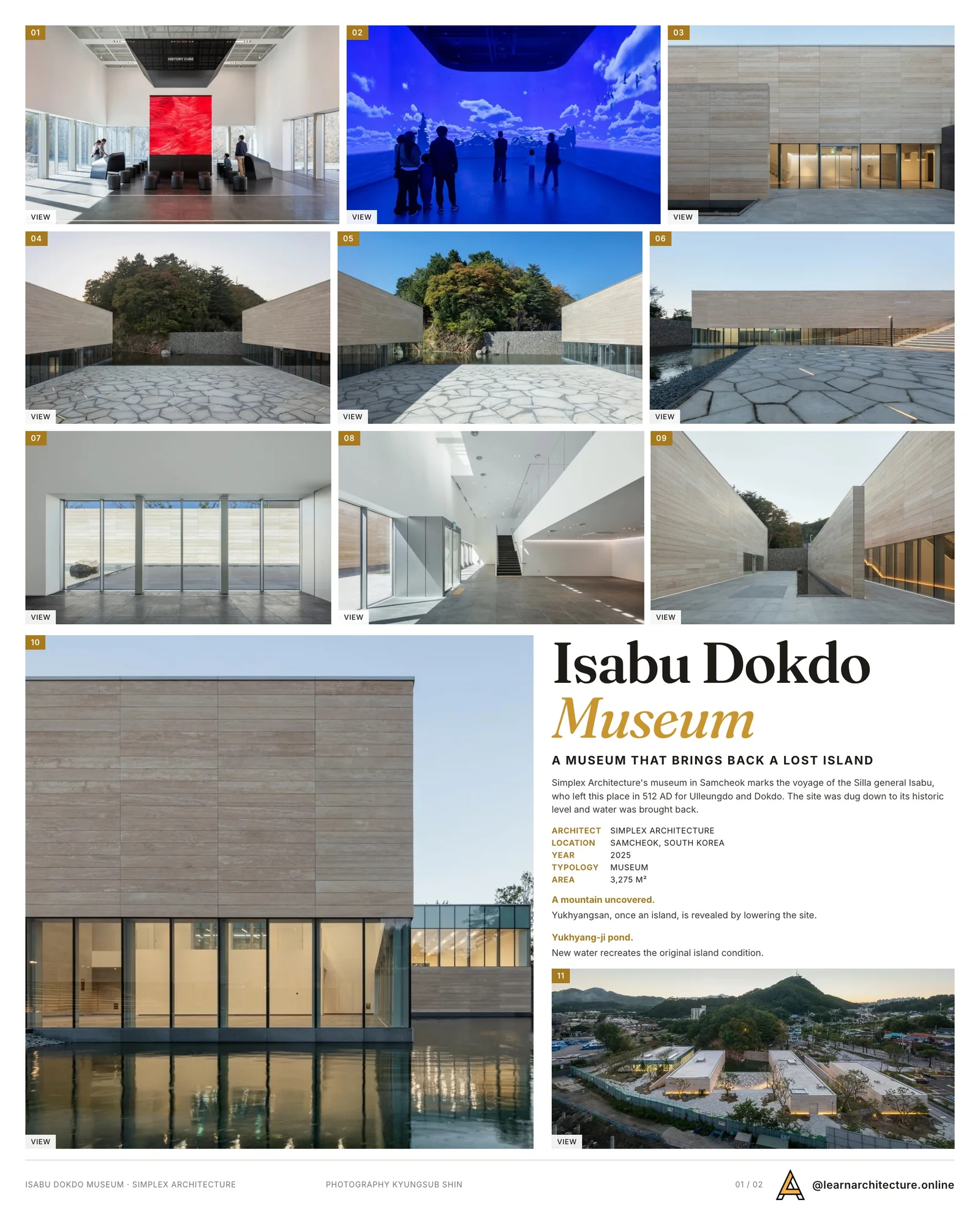 Presentation board cover for Isabu Dokdo Museum by Simplex Architecture, with the lead image, project summary and a grid of photographs and drawings