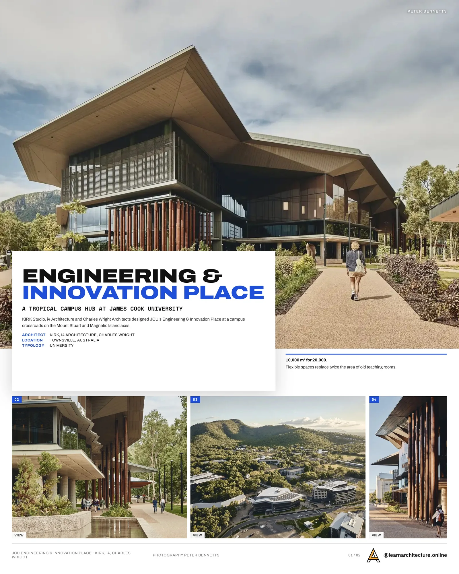 Presentation board cover for James Cook University Engineering & Innovation Place by KIRK Studio & i4 Architecture & Charles Wright Architects, with the lead image, project summary and a grid of photographs and drawings