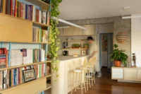 Bookcase in the foreground and a figure passing the curved kitchen counter in the shared living space