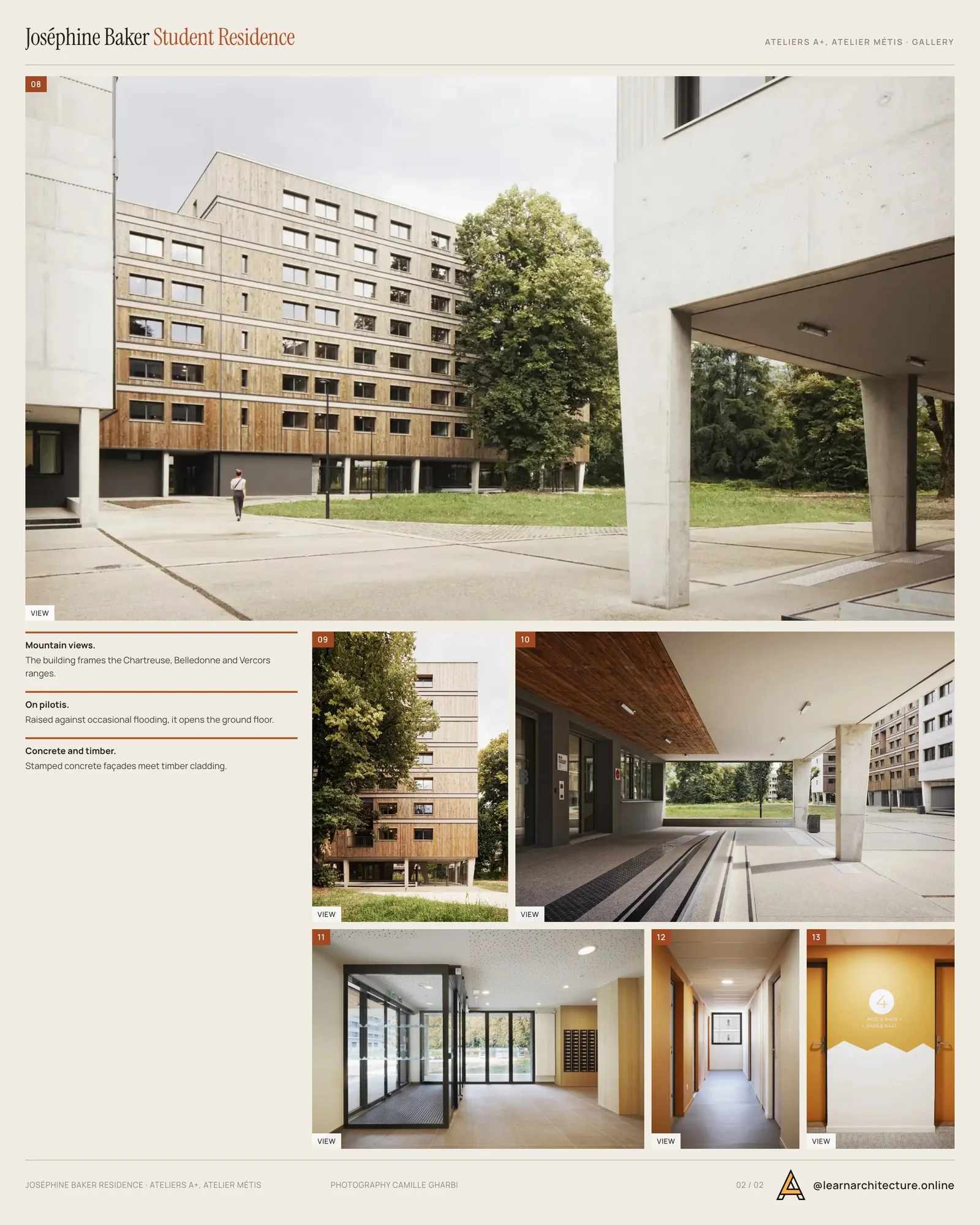 Second presentation board sheet for Joséphine Baker Student Residence by Ateliers A+ & Atelier Métis, laying out the project drawings and images on one page