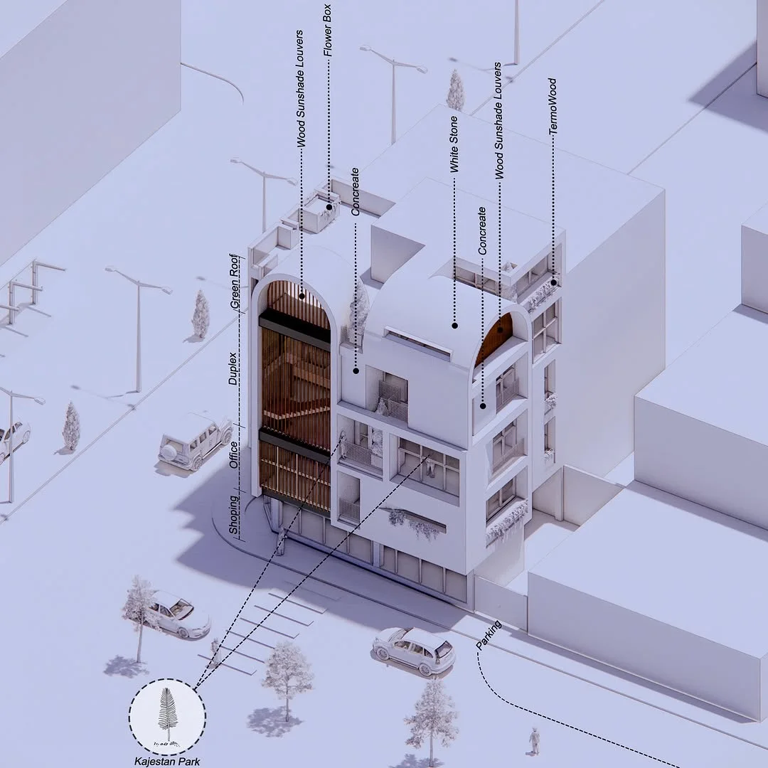 Axonometric of a building facade with material callouts for wood sunshade louvers, stone and concrete