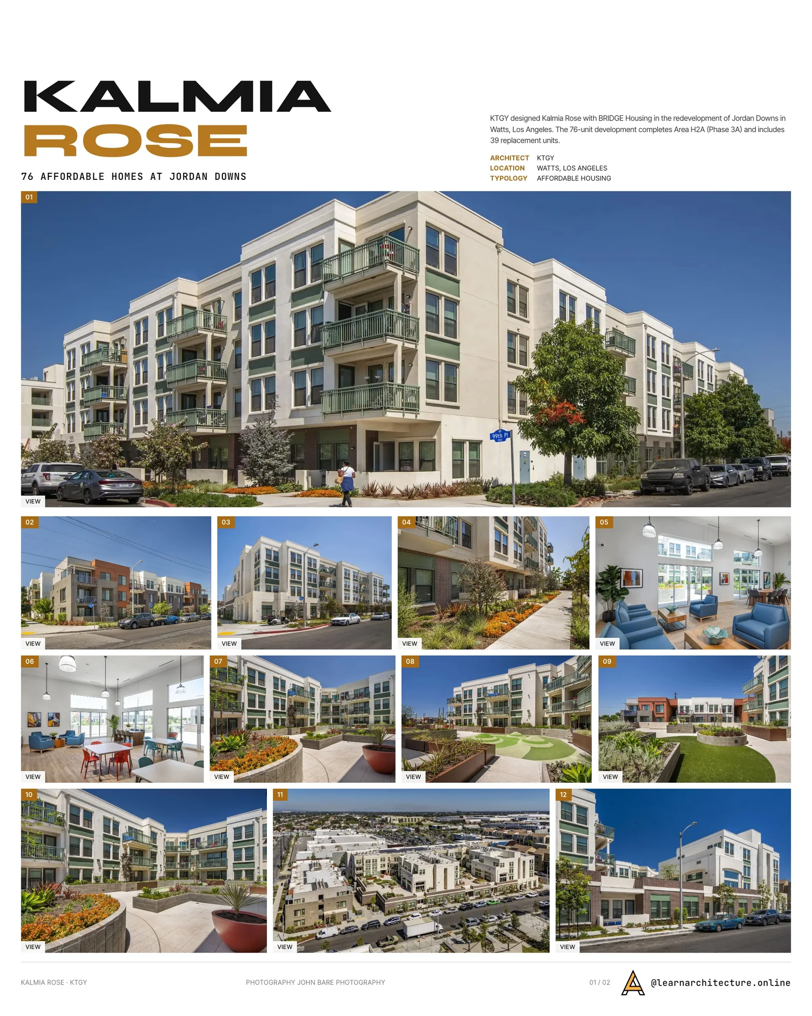 Presentation board cover for Kalmia Rose by KTGY, with the lead image, project summary and a grid of photographs and drawings
