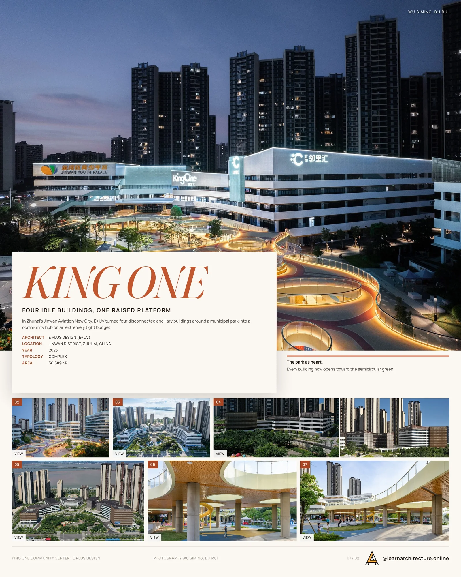 Presentation board cover for KING ONE Community Center by E+UV, with the lead image, project summary and a grid of photographs and drawings